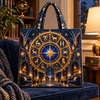 Zodiac Reading Sanctuary Quilted Tote Bag with printed optical 3D artwork in its use setting