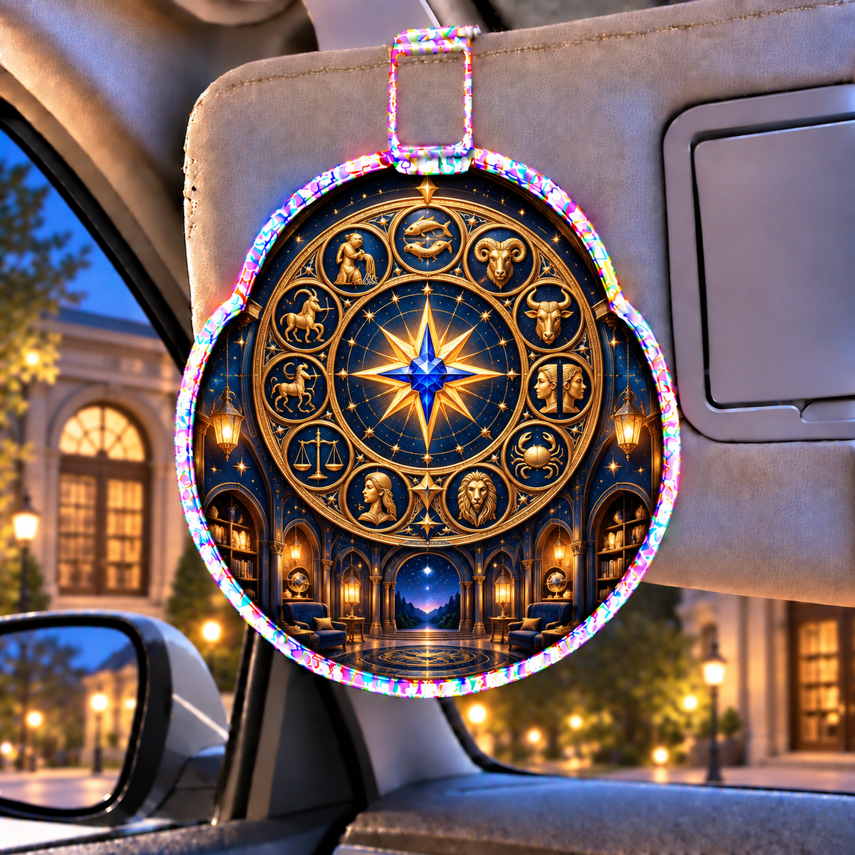 Zodiac Reading Sanctuary Holographic Car Visor Clip with printed optical 3D artwork in its use setting
