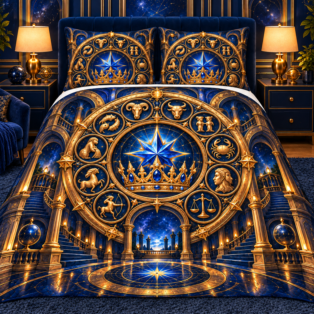 Zodiac Crown Quilted Bedding Set with printed optical 3D artwork in its use setting