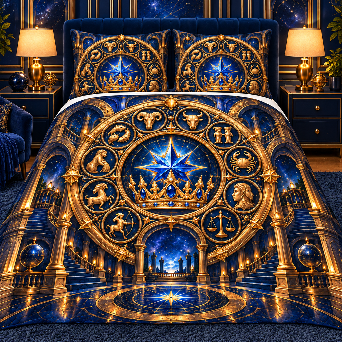 Zodiac Crown Quilted Bedding Set with printed optical 3D artwork in its use setting