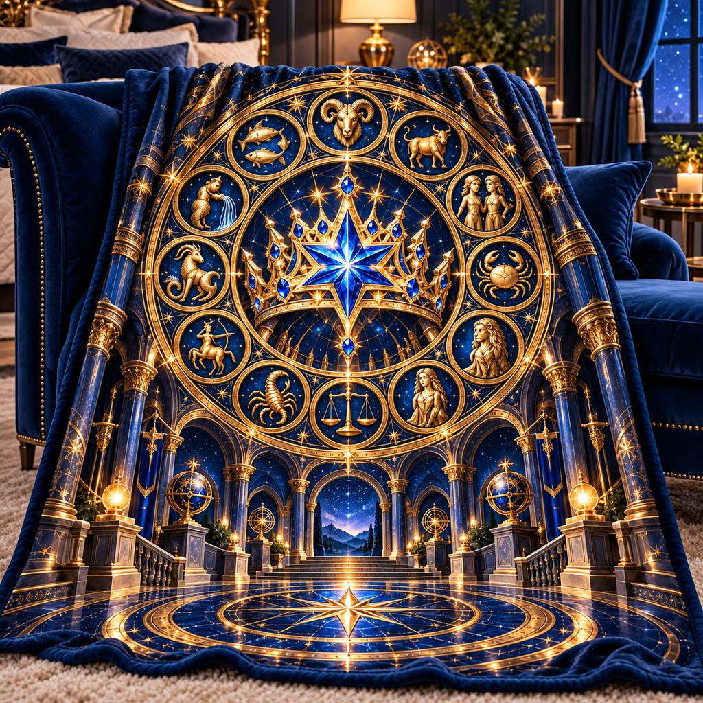 Zodiac Crown Sherpa & Fleece Blanket with printed optical 3D artwork in its use setting