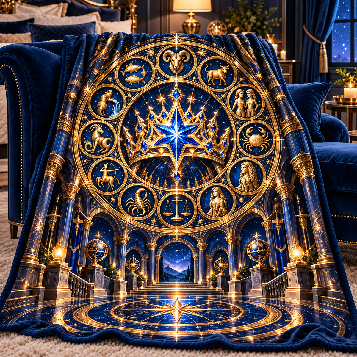 Zodiac Crown Sherpa & Fleece Blanket with printed optical 3D artwork in its use setting