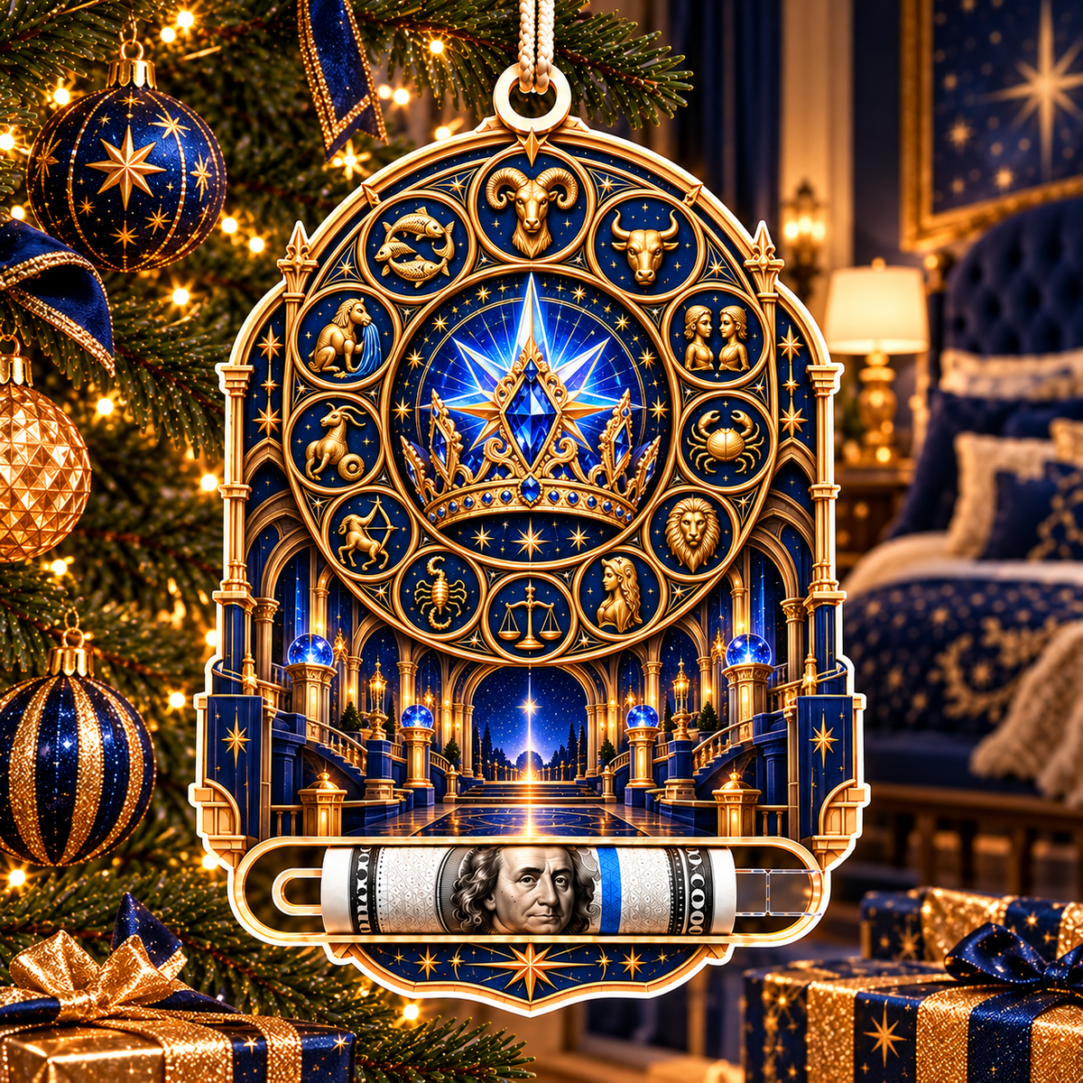 Zodiac Crown Acrylic Cash Holder Ornament with printed optical 3D artwork in its use setting