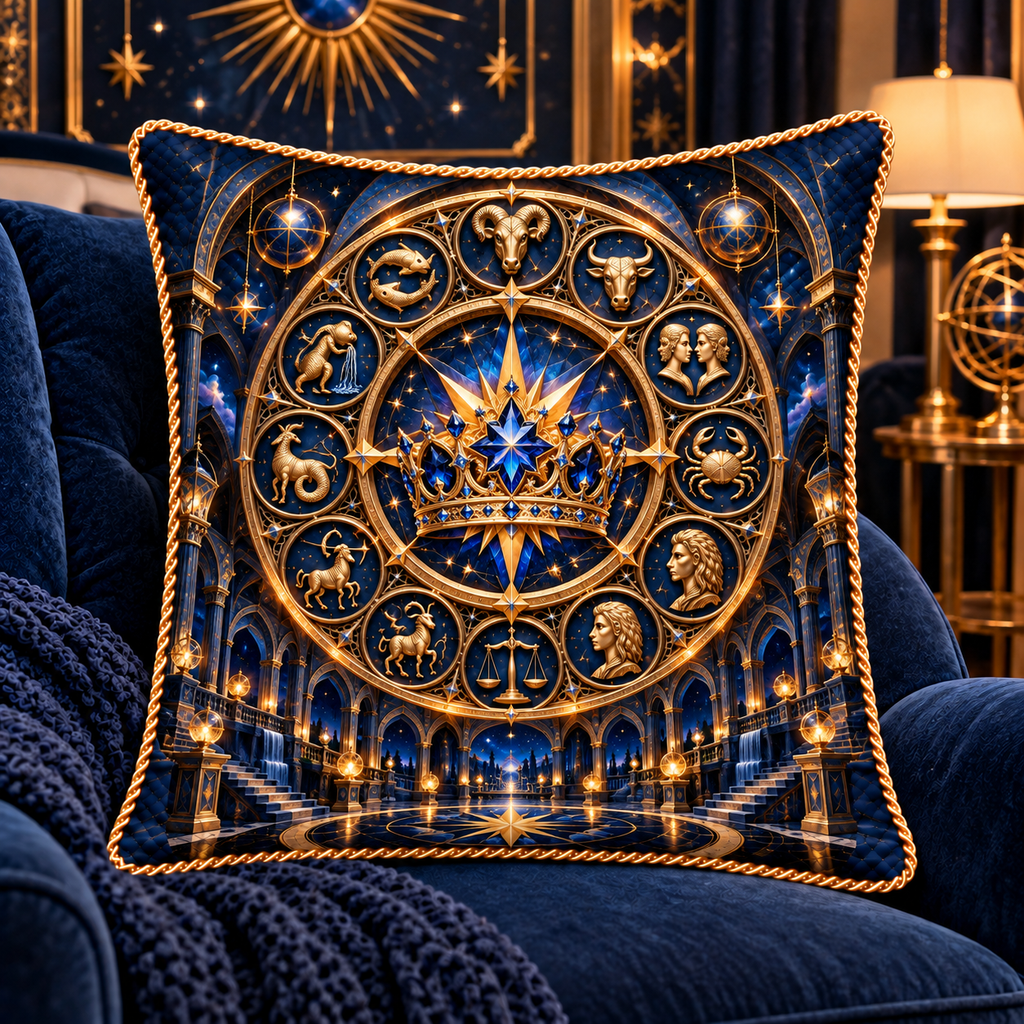 Zodiac Crown Quilted Cushion Cover with printed optical 3D artwork in its use setting