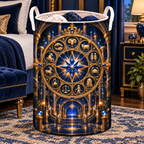 Zodiac Crown Laundry Hamper with printed optical 3D artwork in its use setting