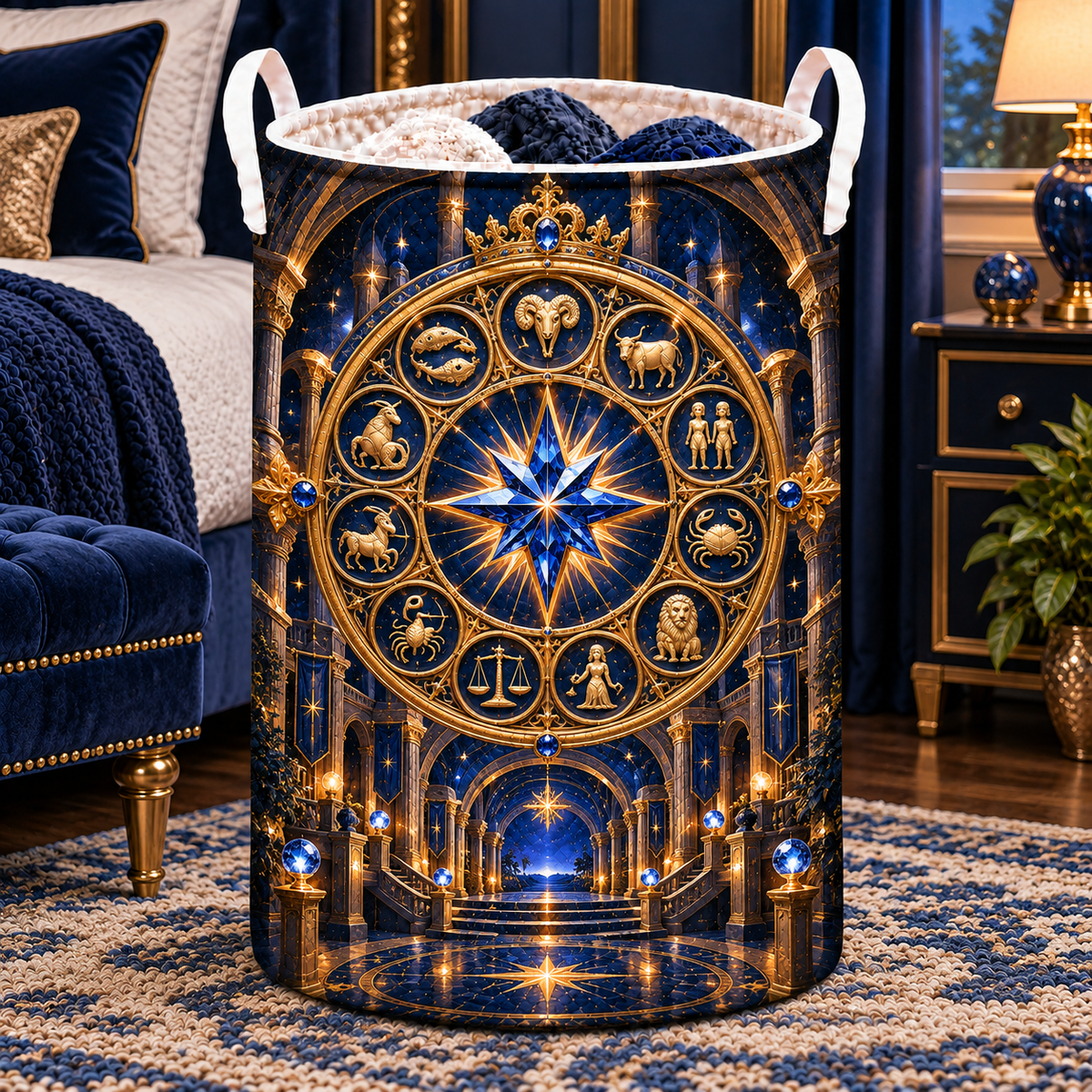 Zodiac Crown Laundry Hamper with printed optical 3D artwork in its use setting