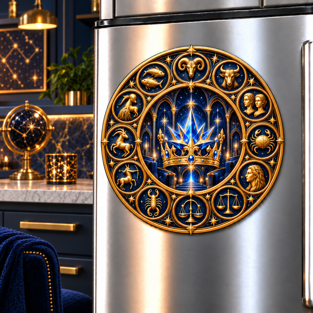 Zodiac Crown Acrylic Refrigerator Magnet with printed optical 3D artwork in its use setting
