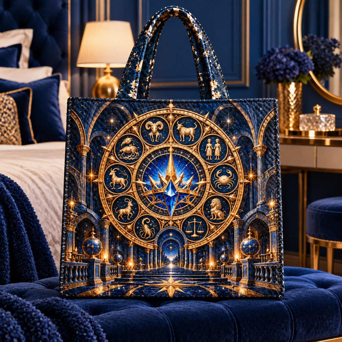 Zodiac Crown Quilted Tote Bag with printed optical 3D artwork in its use setting