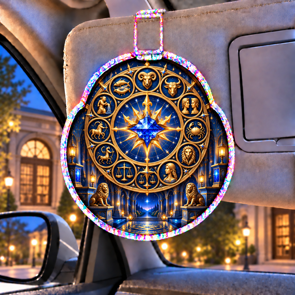 Zodiac Crown Holographic Car Visor Clip with printed optical 3D artwork in its use setting
