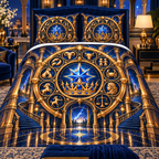 Zodiac Grand Salon Quilted Bedding Set with printed optical 3D artwork in its use setting