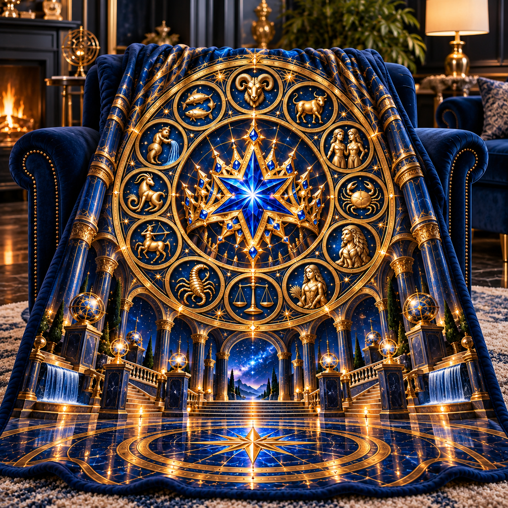 Zodiac Grand Salon Sherpa & Fleece Blanket with printed optical 3D artwork in its use setting