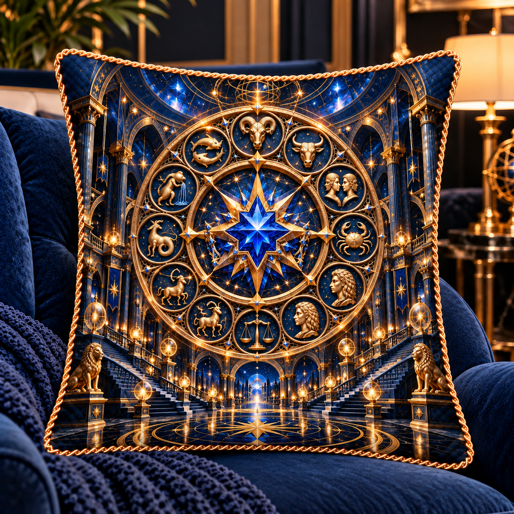 Zodiac Grand Salon Quilted Cushion Cover with printed optical 3D artwork in its use setting