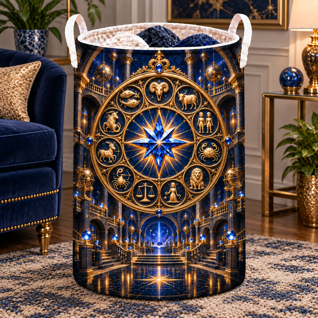 Zodiac Grand Salon Laundry Hamper with printed optical 3D artwork in its use setting