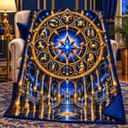 Zodiac Grand Salon Quilt Blanket with printed optical 3D artwork in its use setting