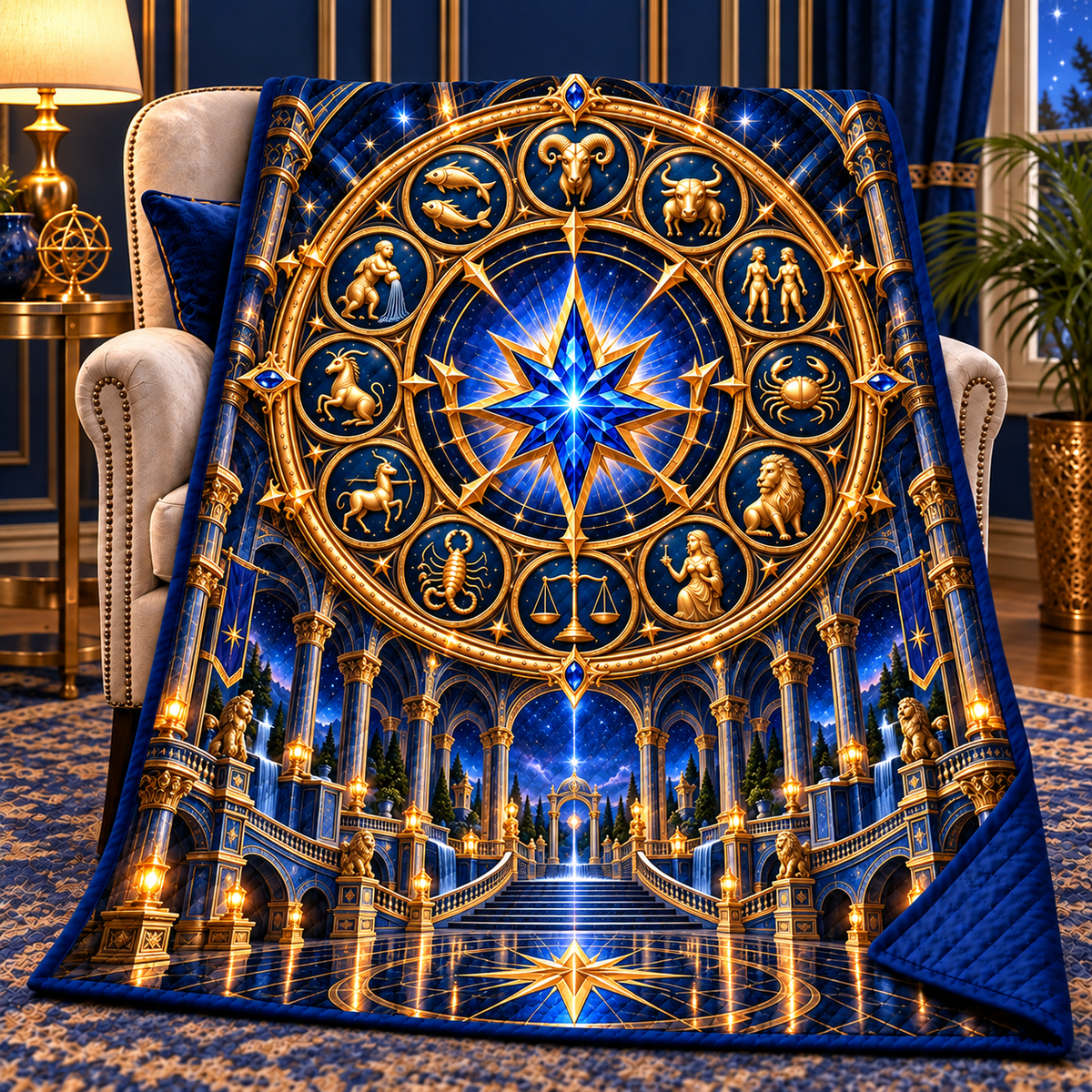 Zodiac Grand Salon Quilt Blanket with printed optical 3D artwork in its use setting