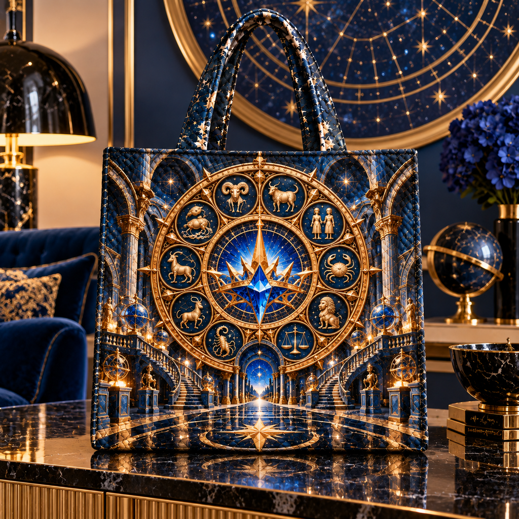 Zodiac Grand Salon Quilted Tote Bag with printed optical 3D artwork in its use setting