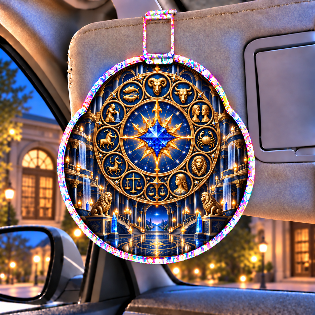 Zodiac Grand Salon Holographic Car Visor Clip with printed optical 3D artwork in its use setting