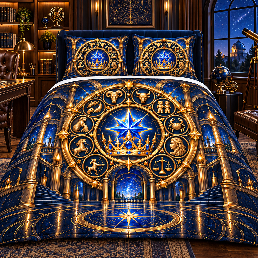 Zodiac Executive Observatory Quilted Bedding Set with printed optical 3D artwork in its use setting