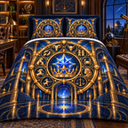 Zodiac Executive Observatory Quilted Bedding Set with printed optical 3D artwork in its use setting