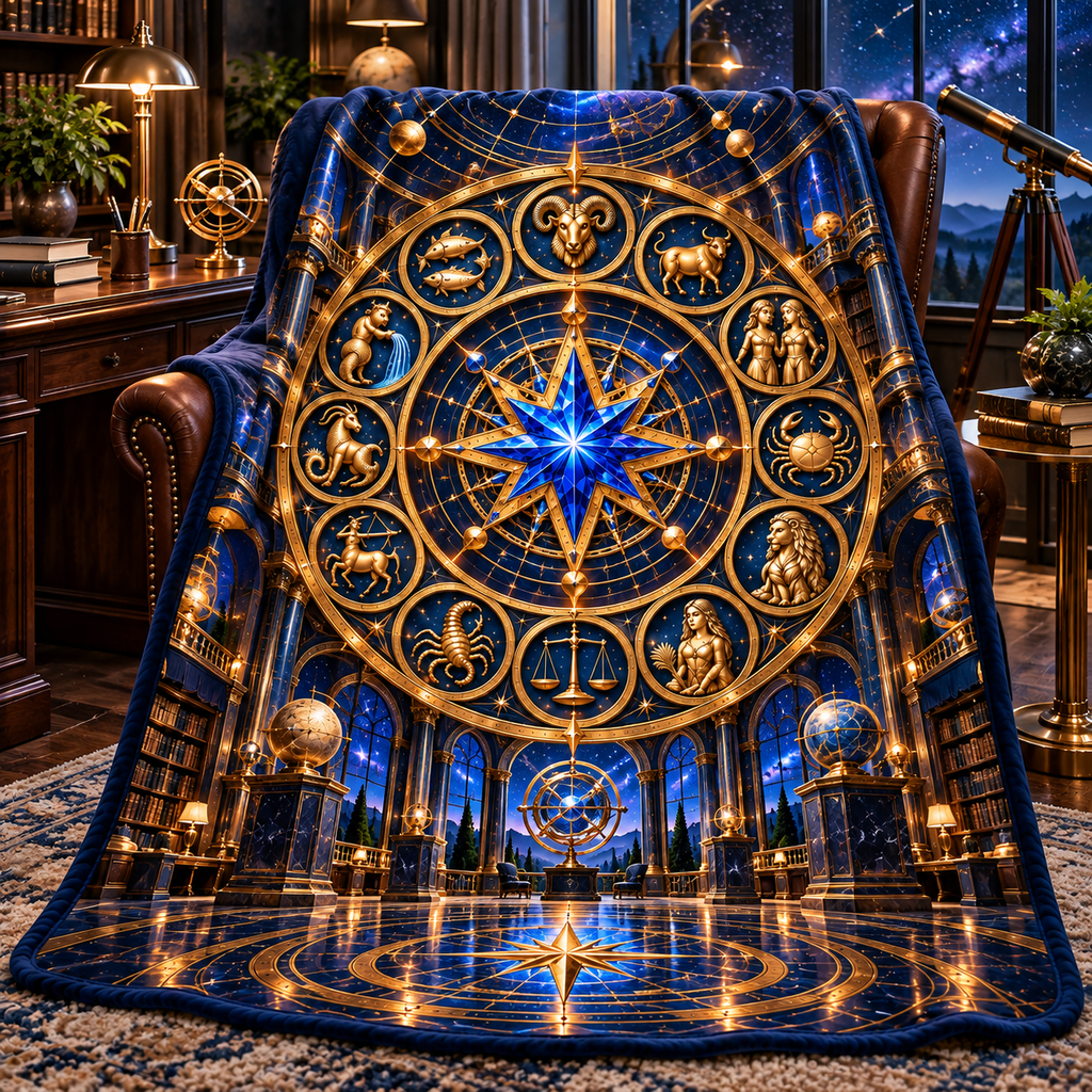 Zodiac Executive Observatory Sherpa & Fleece Blanket with printed optical 3D artwork in its use setting
