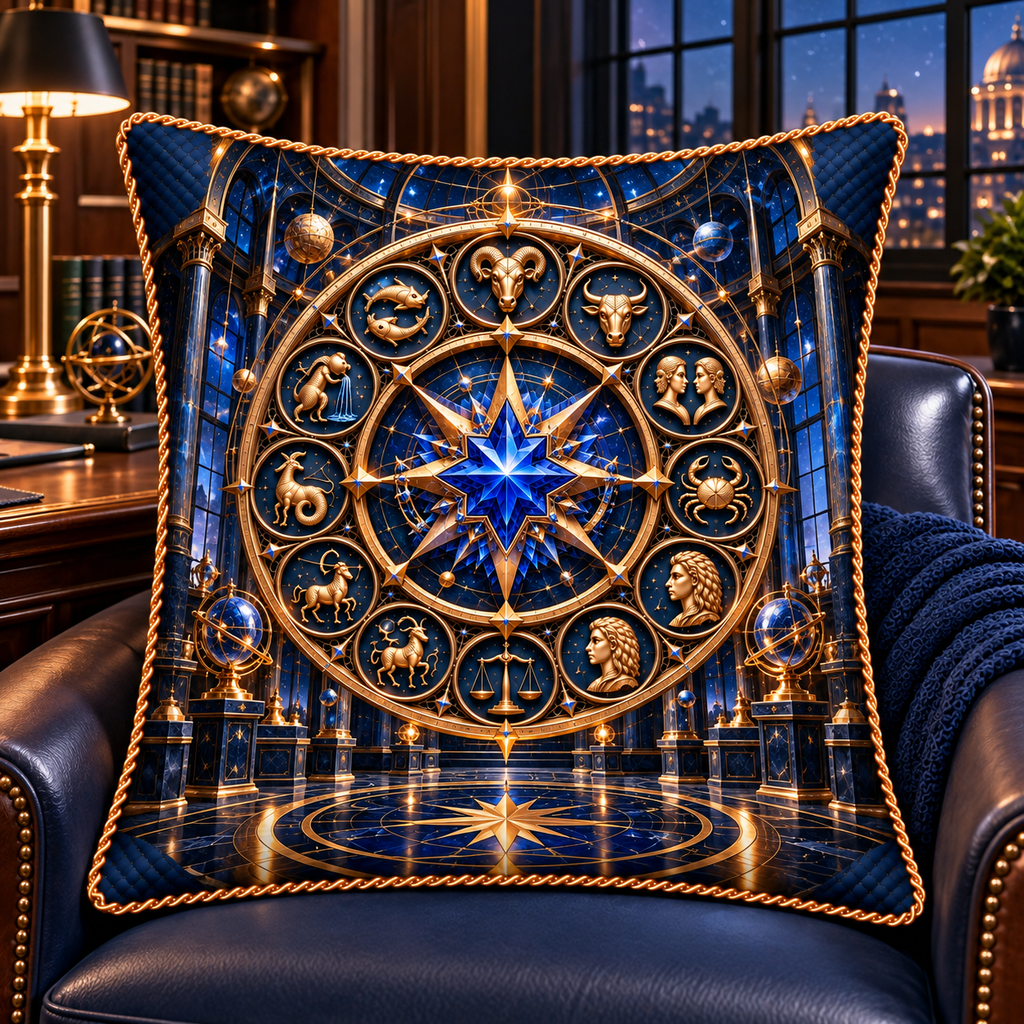 Zodiac Executive Observatory Quilted Cushion Cover with printed optical 3D artwork in its use setting