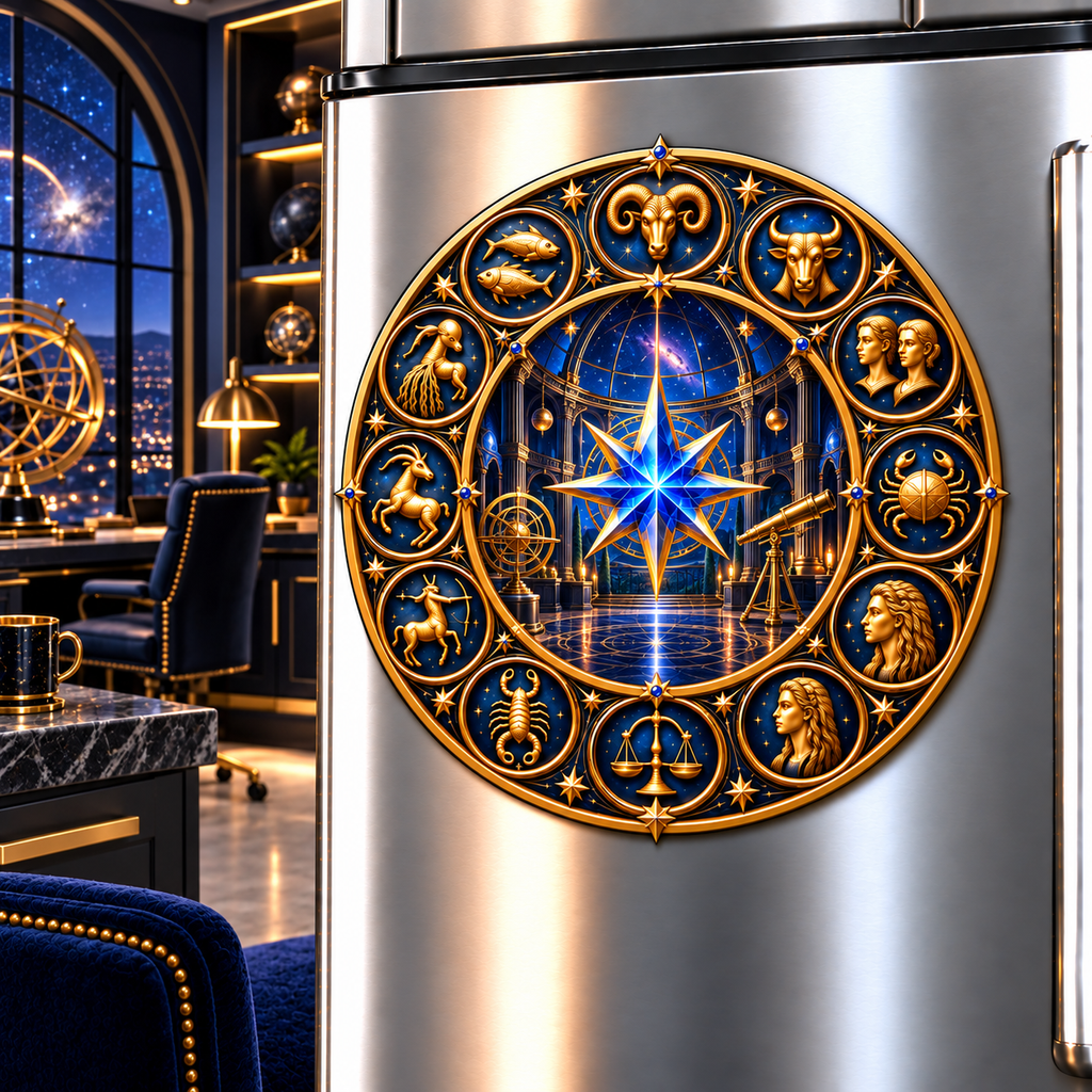 Zodiac Executive Observatory Acrylic Refrigerator Magnet with printed optical 3D artwork in its use setting