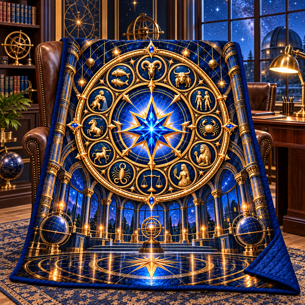 Zodiac Executive Observatory Quilt Blanket with printed optical 3D artwork in its use setting