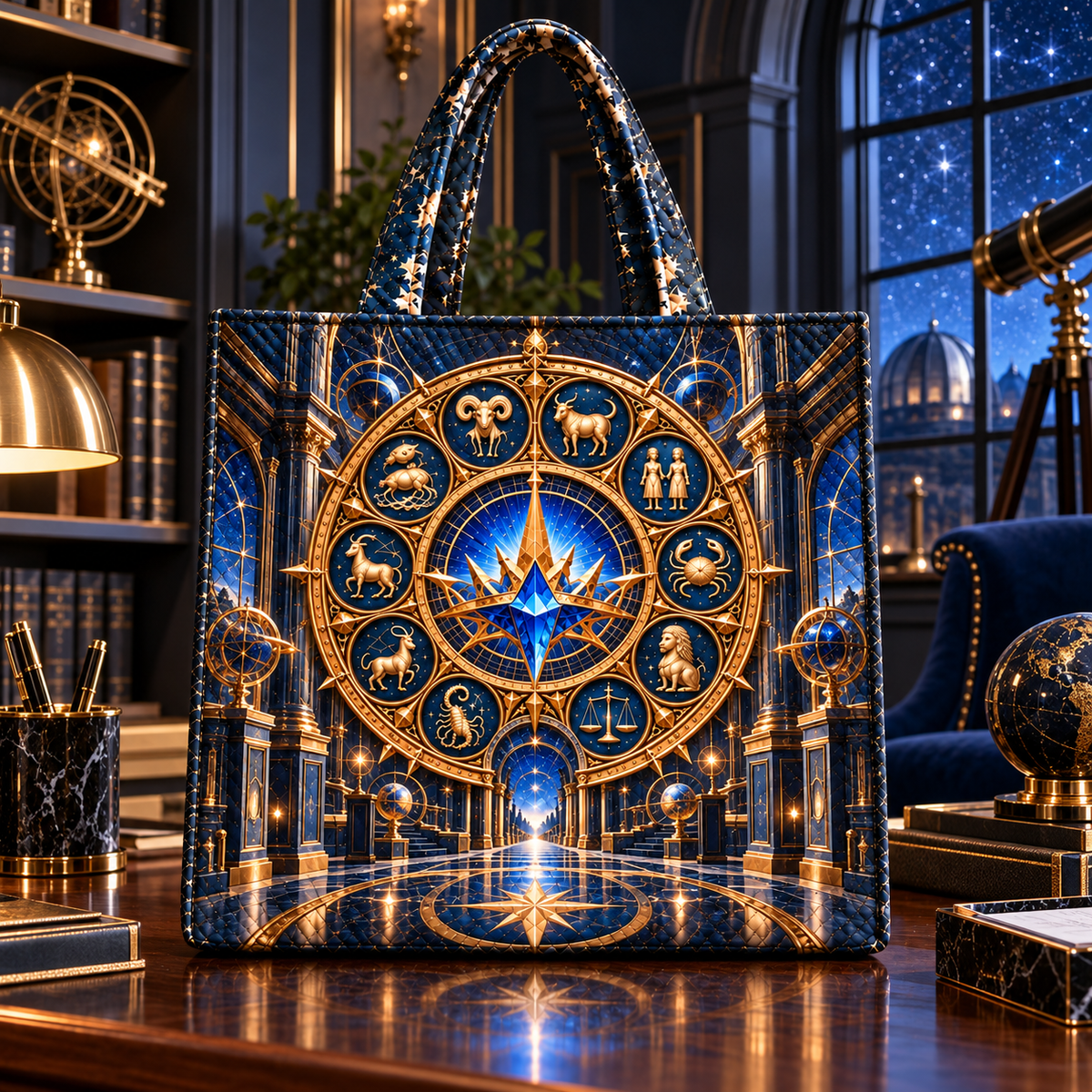 Zodiac Executive Observatory Quilted Tote Bag with printed optical 3D artwork in its use setting