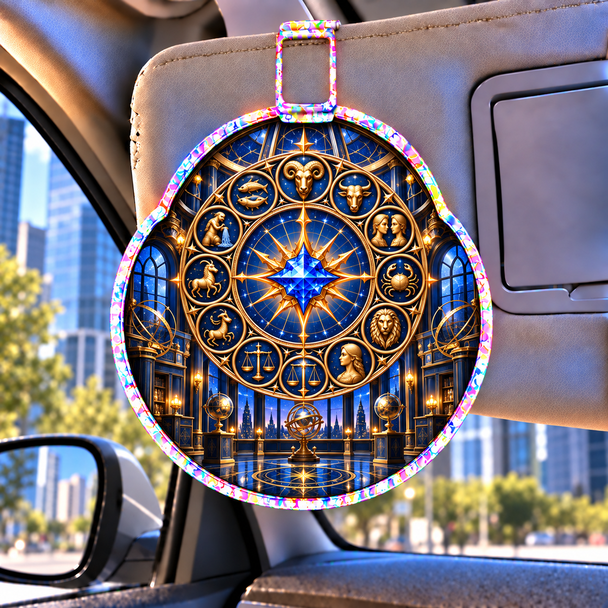 Zodiac Executive Observatory Holographic Car Visor Clip with printed optical 3D artwork in its use setting