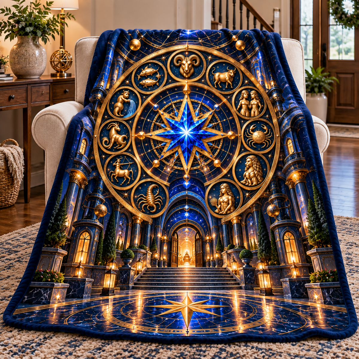 Zodiac Welcome Portal Sherpa & Fleece Blanket with printed optical 3D artwork in its use setting