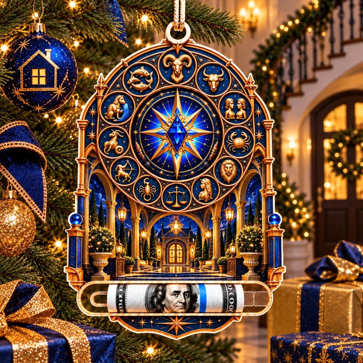 Zodiac Welcome Portal Acrylic Cash Holder Ornament with printed optical 3D artwork in its use setting