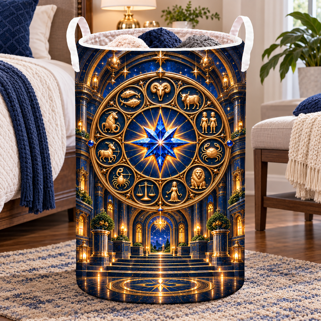 Zodiac Welcome Portal Laundry Hamper with printed optical 3D artwork in its use setting