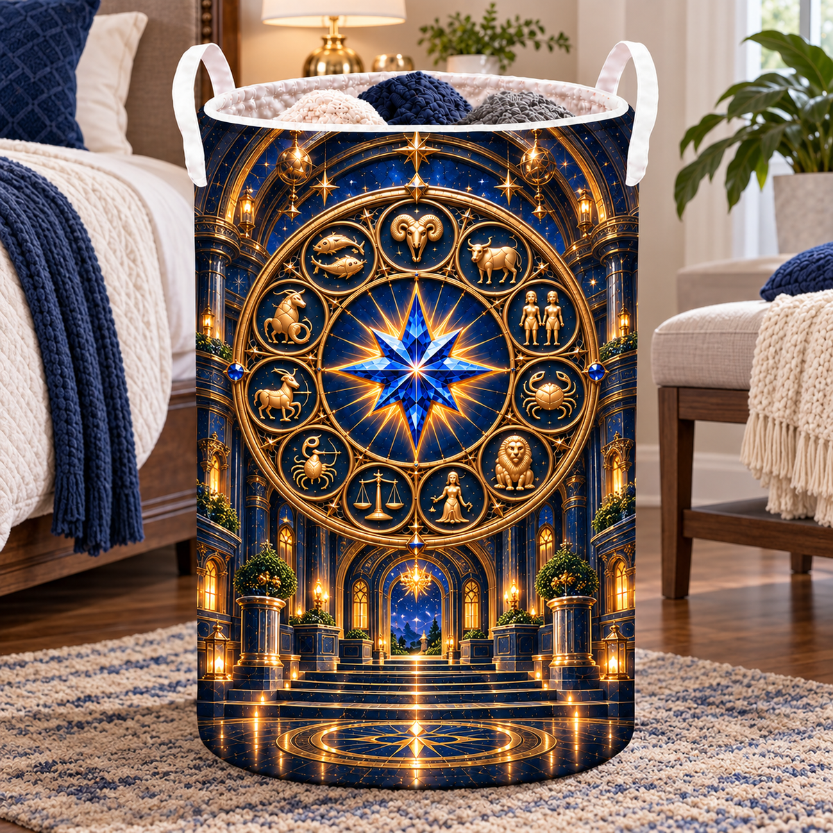 Zodiac Welcome Portal Laundry Hamper with printed optical 3D artwork in its use setting