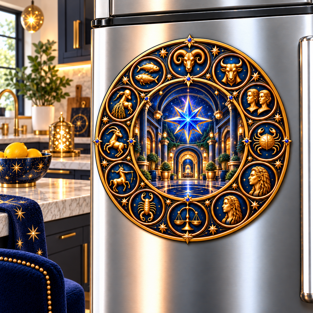 Zodiac Welcome Portal Acrylic Refrigerator Magnet with printed optical 3D artwork in its use setting