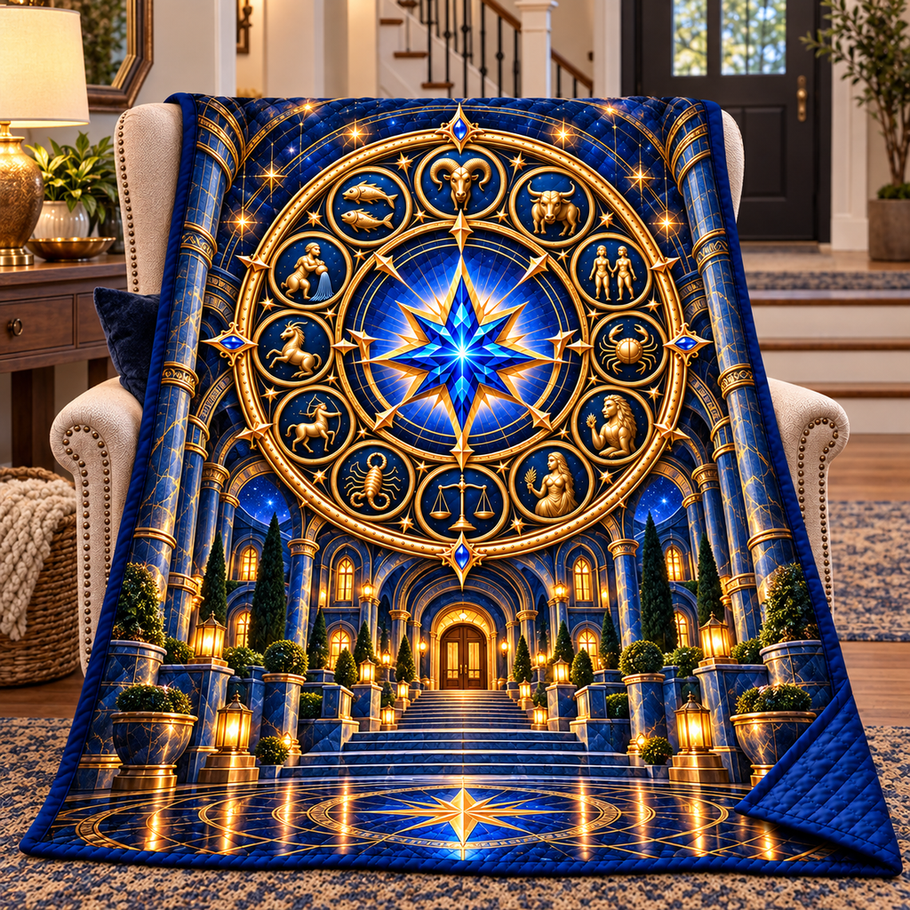 Zodiac Welcome Portal Quilt Blanket with printed optical 3D artwork in its use setting