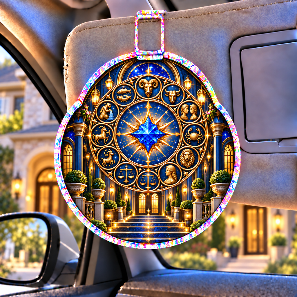 Zodiac Welcome Portal Holographic Car Visor Clip with printed optical 3D artwork in its use setting
