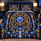Silent Zodiac Haven Quilted Bedding Set with printed optical 3D artwork in its use setting