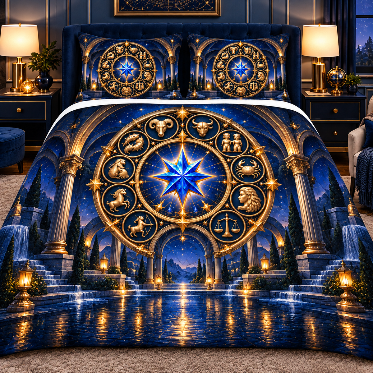 Silent Zodiac Haven Quilted Bedding Set with printed optical 3D artwork in its use setting