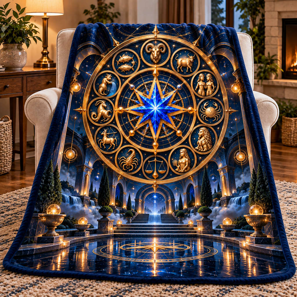 Silent Zodiac Haven Sherpa & Fleece Blanket with printed optical 3D artwork in its use setting