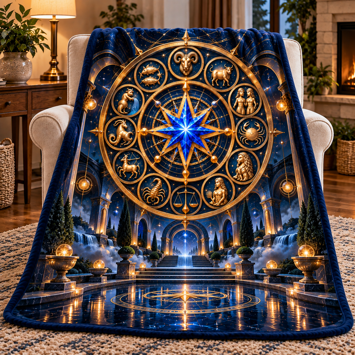 Silent Zodiac Haven Sherpa & Fleece Blanket with printed optical 3D artwork in its use setting