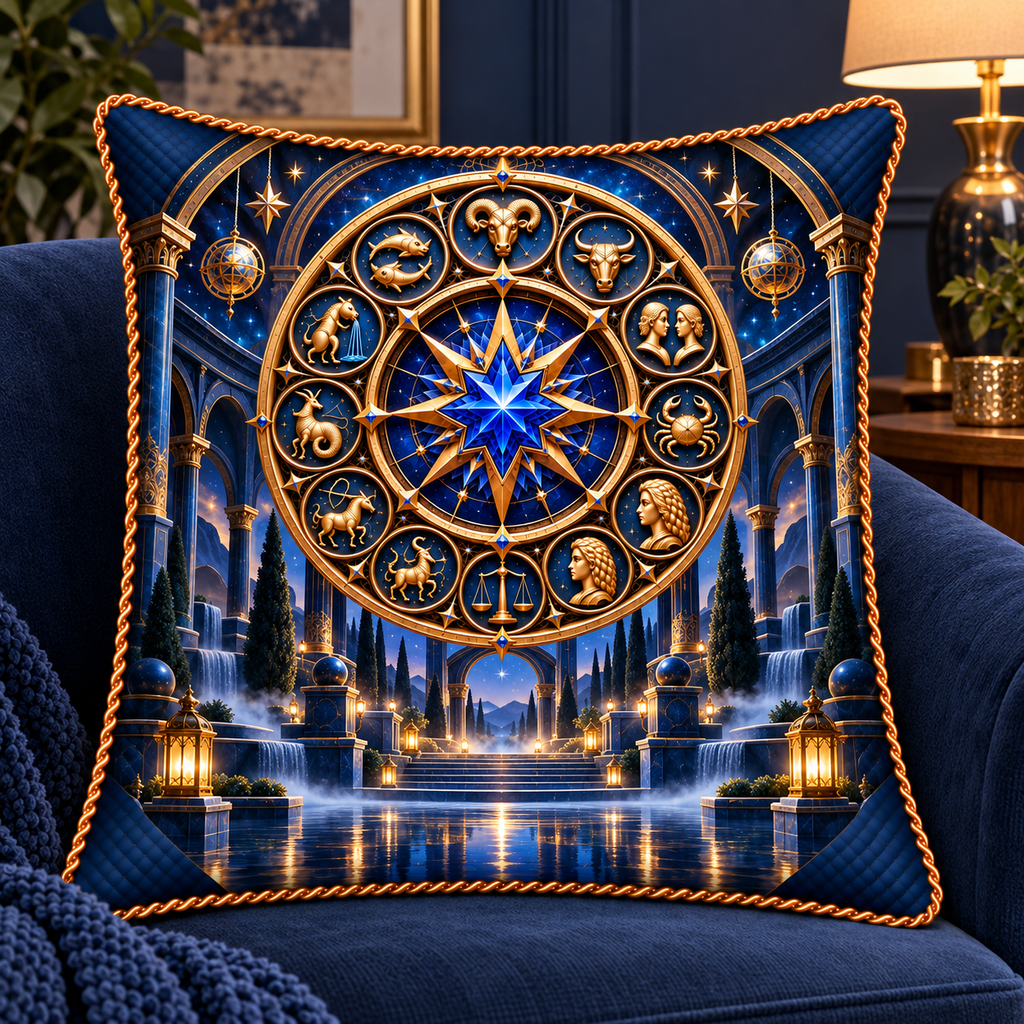 Silent Zodiac Haven Quilted Cushion Cover with printed optical 3D artwork in its use setting