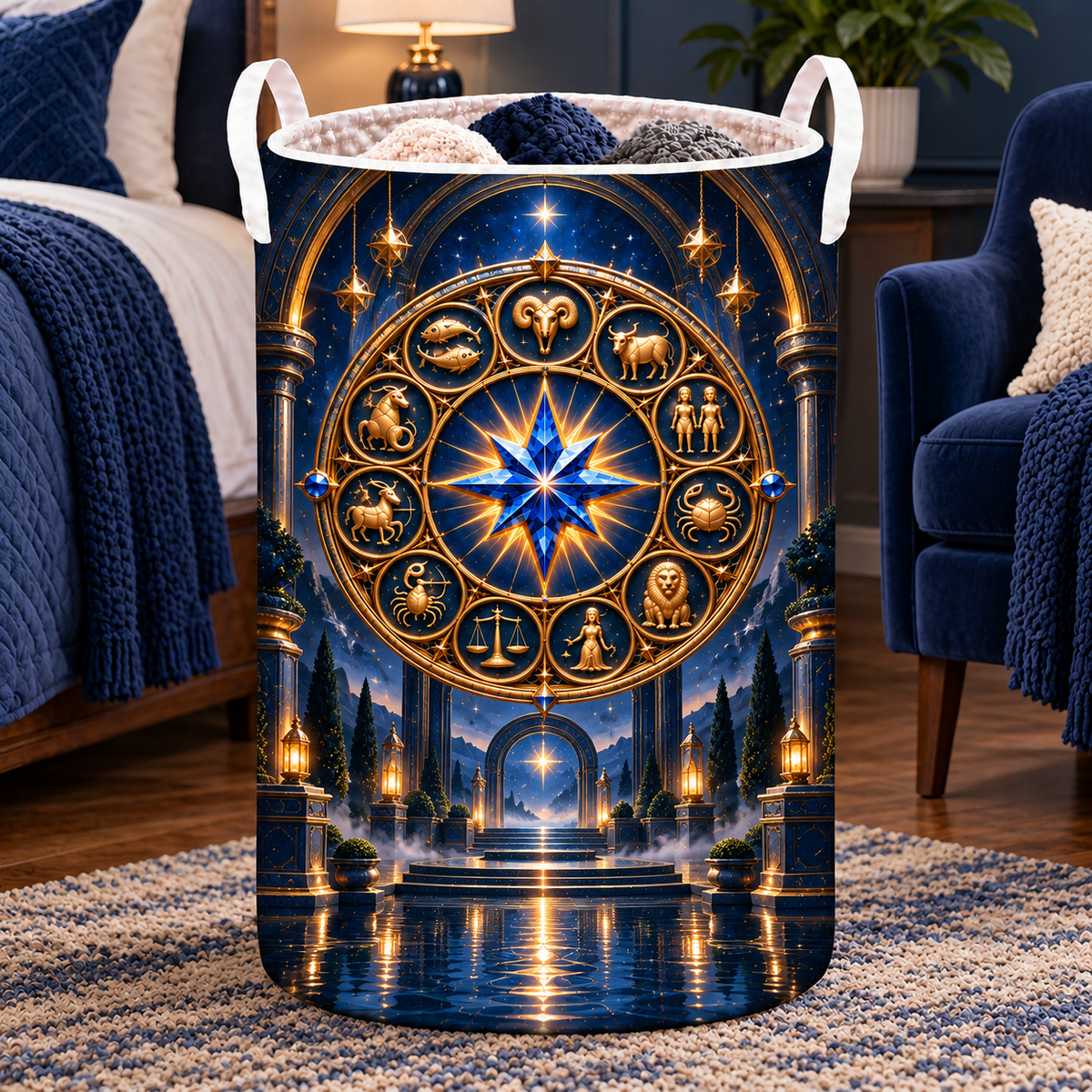 Silent Zodiac Haven Laundry Hamper with printed optical 3D artwork in its use setting