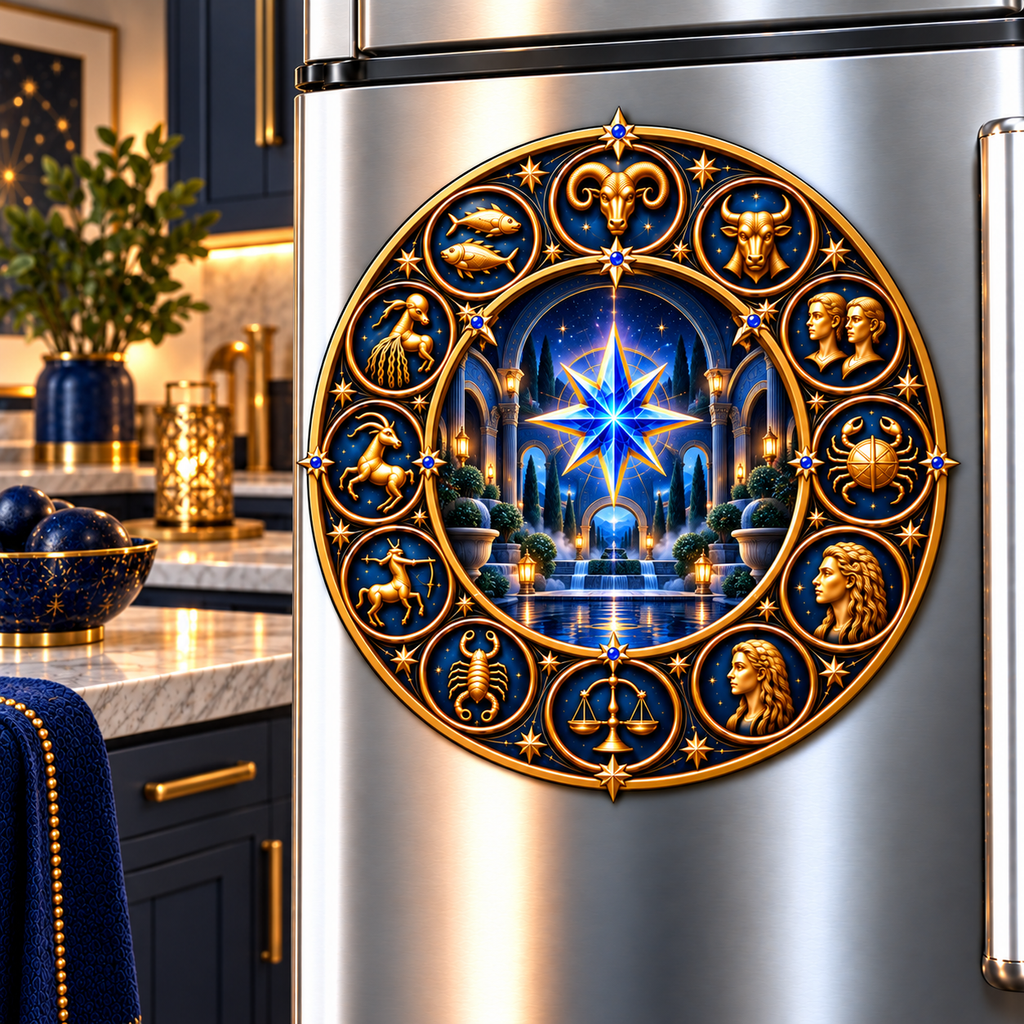 Silent Zodiac Haven Acrylic Refrigerator Magnet with printed optical 3D artwork in its use setting