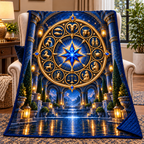 Silent Zodiac Haven Quilt Blanket with printed optical 3D artwork in its use setting