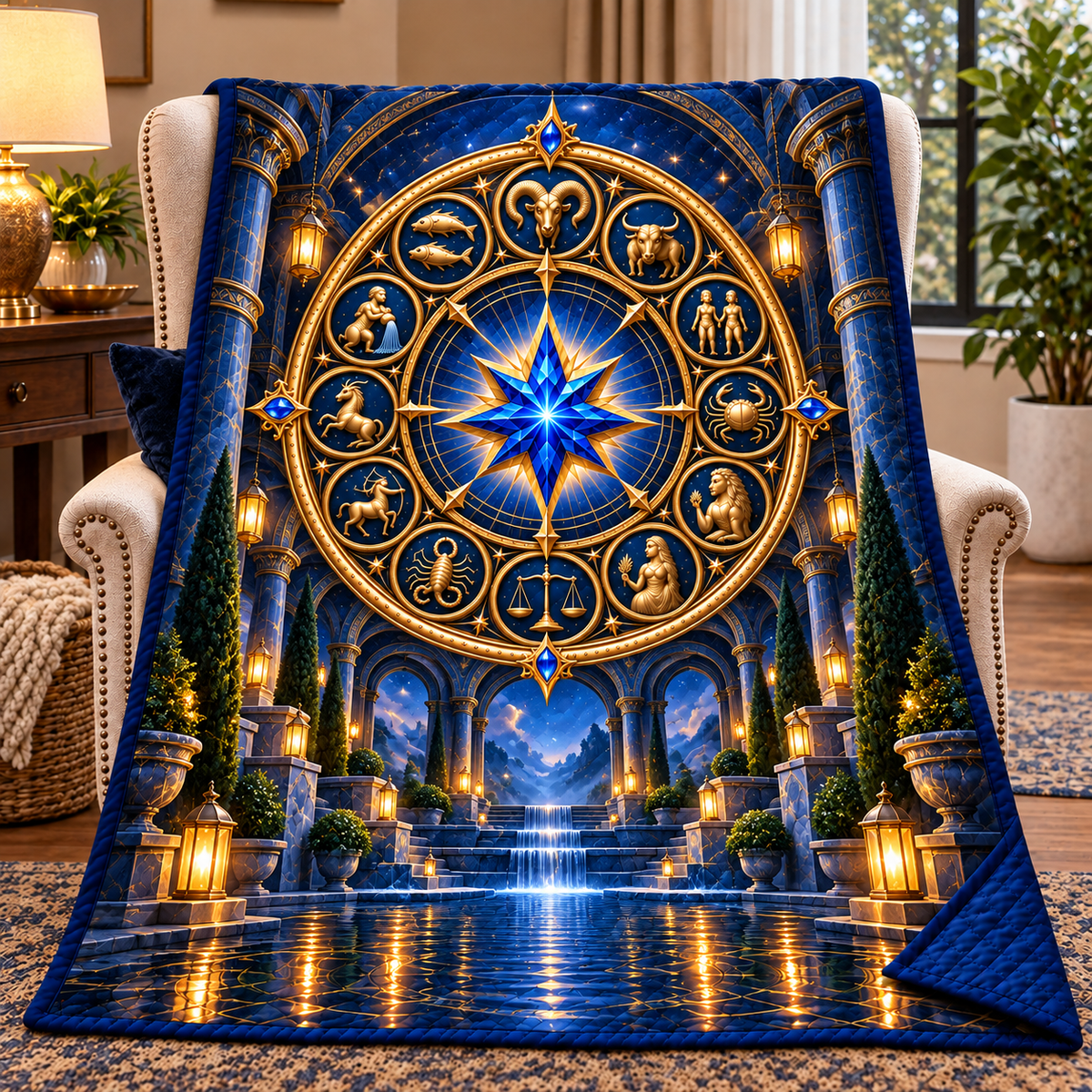 Silent Zodiac Haven Quilt Blanket with printed optical 3D artwork in its use setting