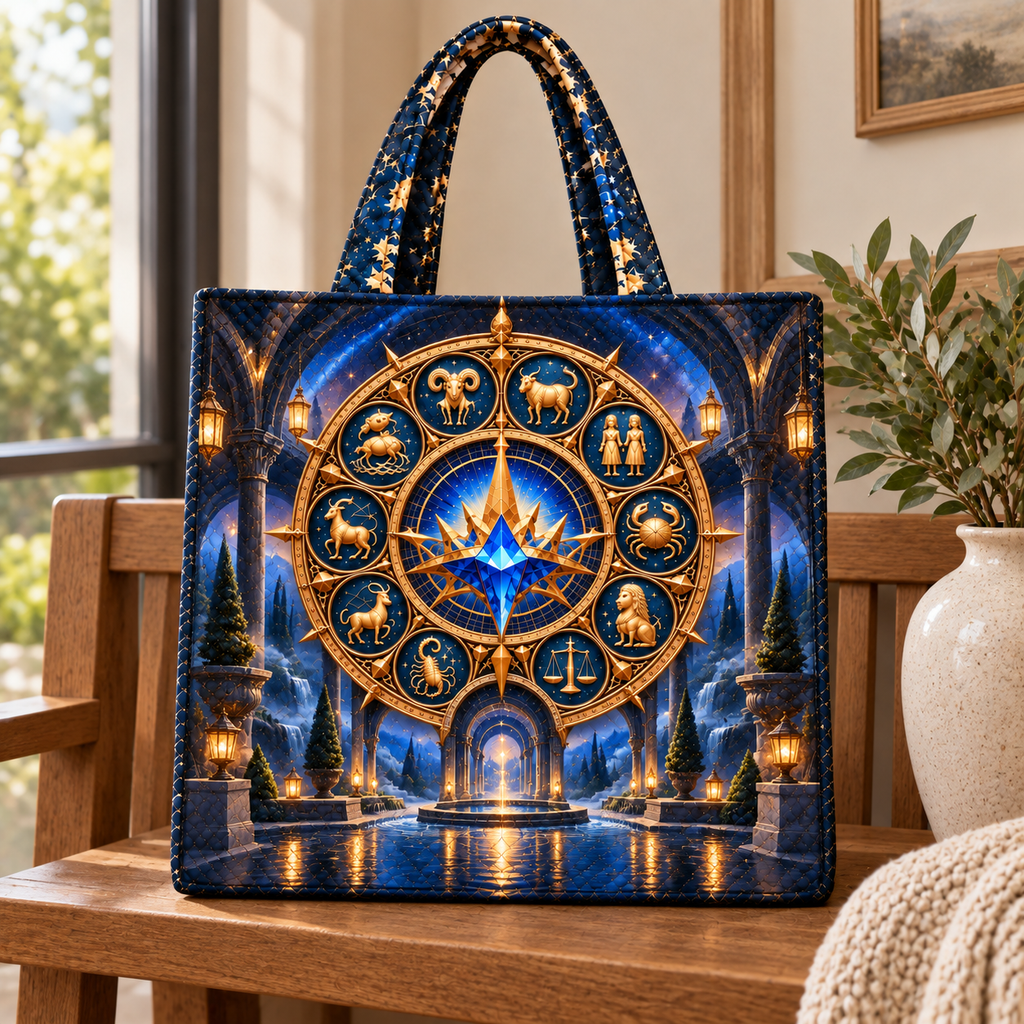 Silent Zodiac Haven Quilted Tote Bag with printed optical 3D artwork in its use setting