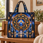 Silent Zodiac Haven Quilted Tote Bag with printed optical 3D artwork in its use setting