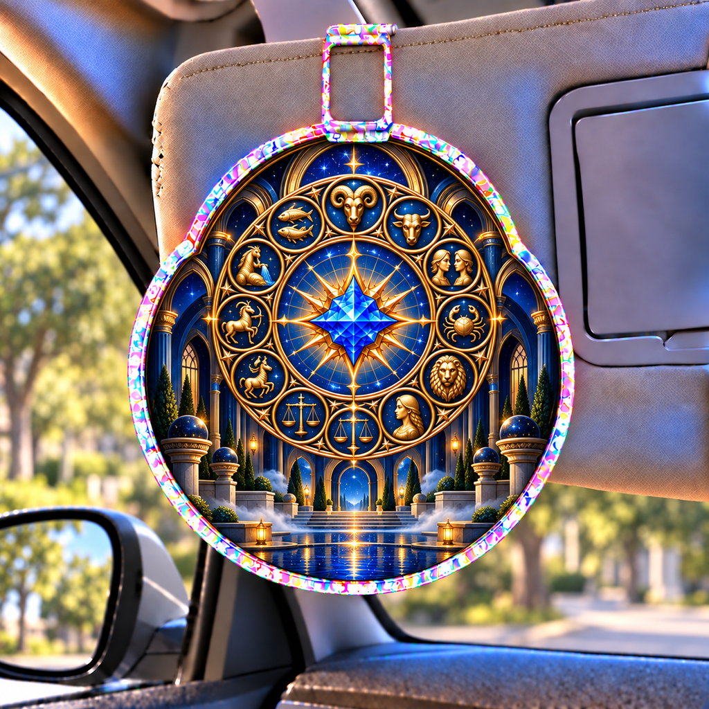 Silent Zodiac Haven Holographic Car Visor Clip with printed optical 3D artwork in its use setting