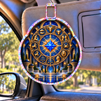 Silent Zodiac Haven Holographic Car Visor Clip with printed optical 3D artwork in its use setting