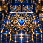 Zodiac Collector Crown Quilted Bedding Set with printed optical 3D artwork in its use setting